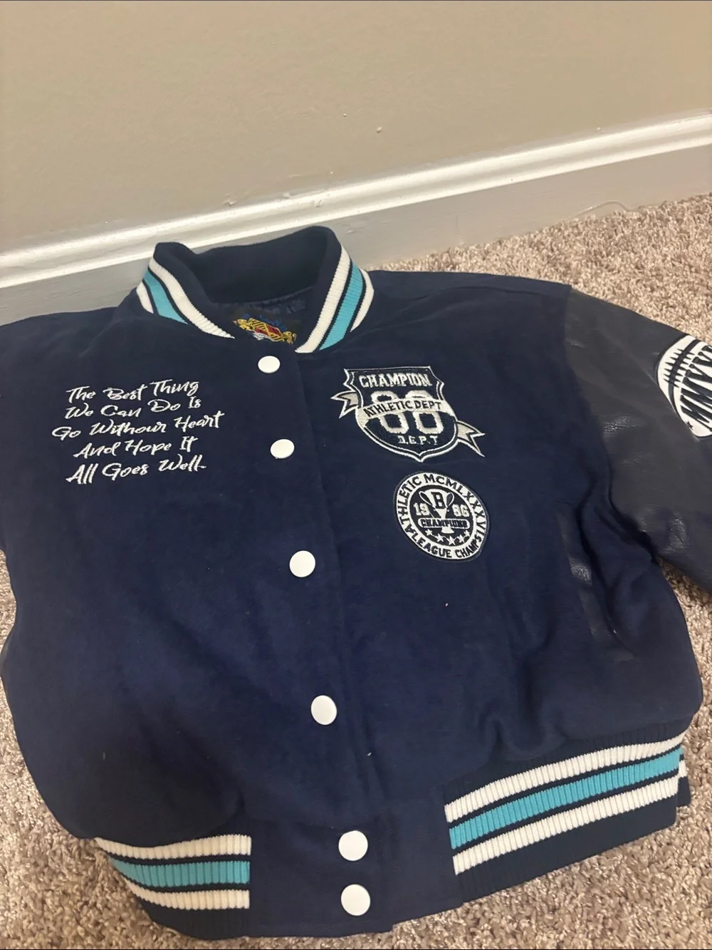 Vintage Red Fox Champion Kids Navy Blue Varsity Jacket with Teal Trim